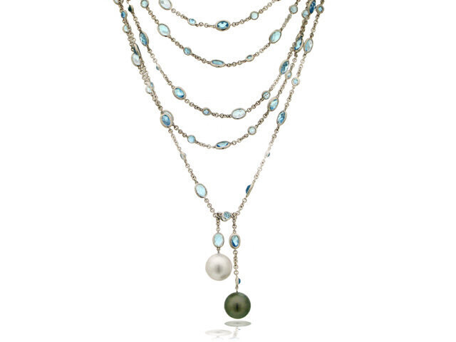18k White Gold Blue Topaz & S/S Pearl Necklace