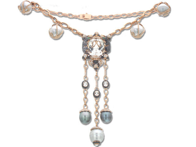 18K ROSE GOLD DIAMOND COLOR STONE & S.S. PEARL COUGAR NECKLA