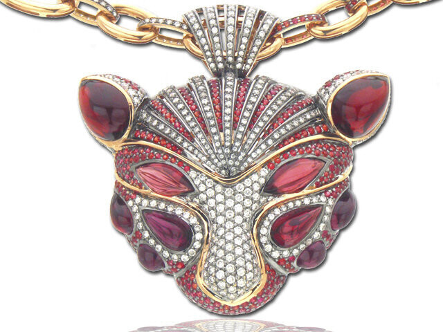 18K ROSE GOLD DIAMOND & COLOR STONE TIGER NECKLACE