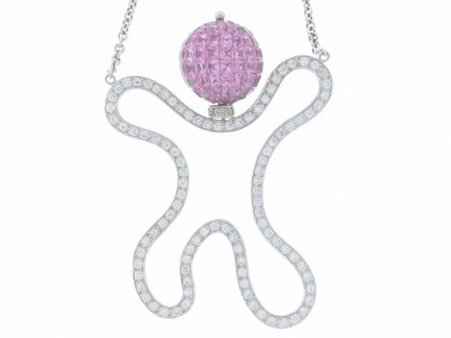18K WHITE GOLD INVISIBLE SET PINK SAPPHIRE & DIAMOND PENDANT
