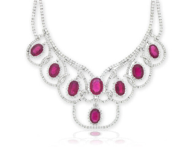 18K WHITE GOLD RUBY & DIAMOND NECKLACE. EARRING, AND RING SET