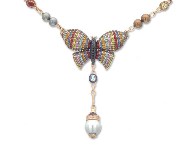18K ROSE GOLD DIAMOND & COLOR STONE BUTTERFLY NECKLACE