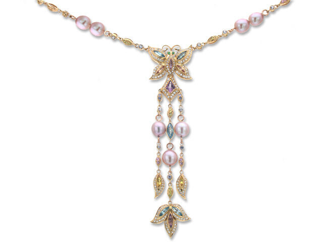 18K ROSE GOLD DIAMOND & COLOR STONE FLOWER NECKLACE