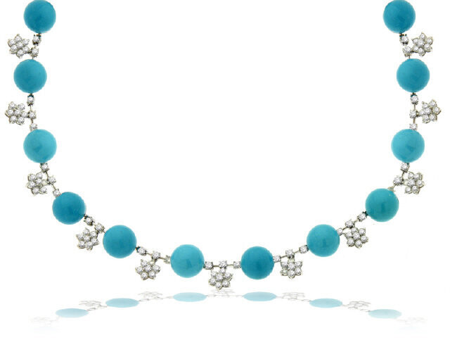 18K WHITE GOLD TURQUOISE & DIAMOND NECKLACE