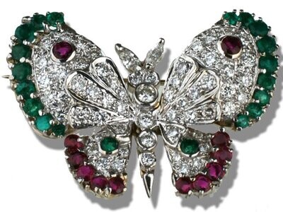 14K White Gold Ruby Saphhire Emerald and Diamond Pin