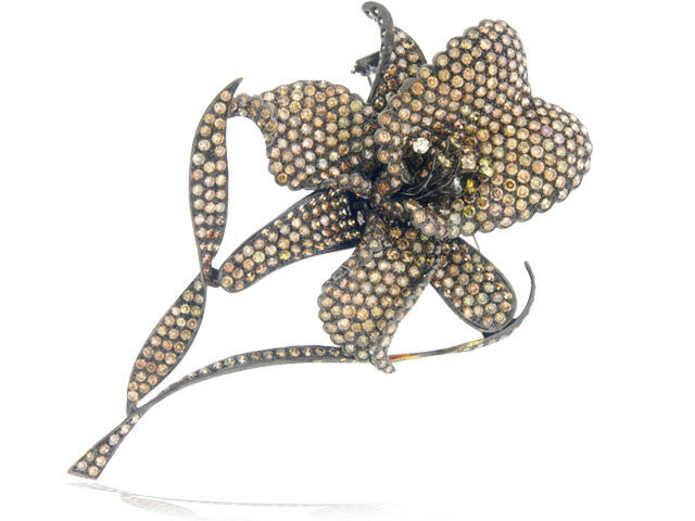 18K White Gold Black Rodium Cognac Diamond Pin