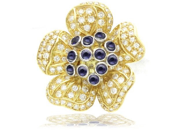18K Yellow Gold Blue Sapphire and Diamond Pin