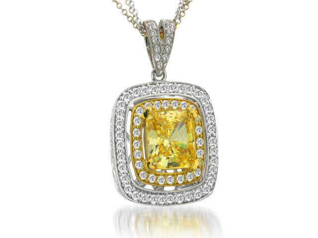 18K YELLOW WHITE GOLD CANARY CRYSTAL & DIAMOND SQUARE NECKLACE