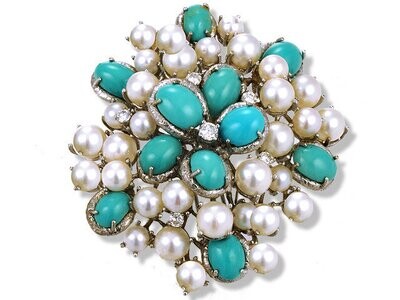 18K White Gold Turquoise Pearl and Diamond Pin