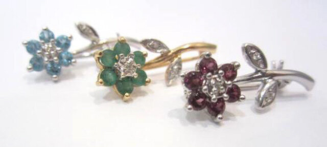 14K White Gold Color Stone and Diamond Set of 3 Pins