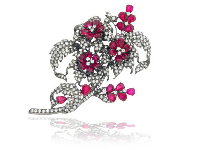 18K White Gold Black Rodium Ruby and Diamond Pin