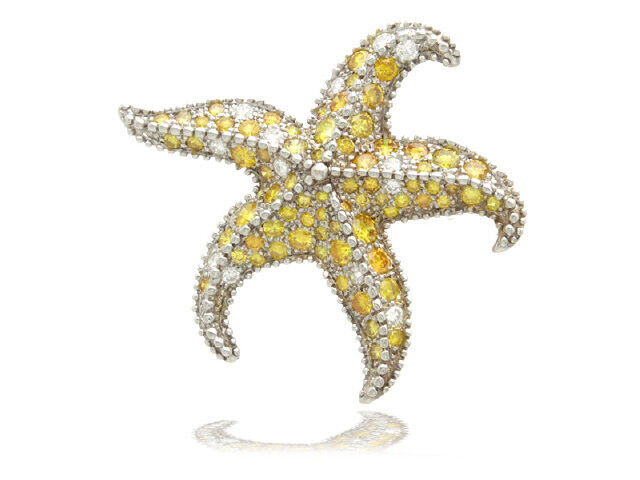 18K White Gold Yellow White Diamond Starfish Brooch
