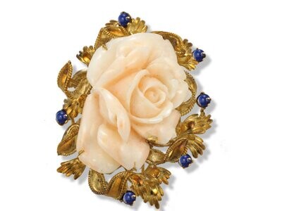 14K Yellow Gold Carved Coral Flower and Lapis Pin