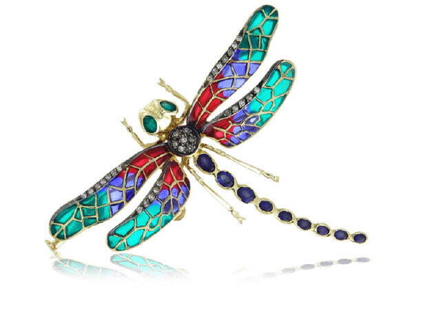 14K Yellow Gold Diamond Gemstone Enamel Brooch