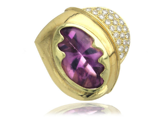 18K Yellow Gold Amethyst Diamond Heart Brooch