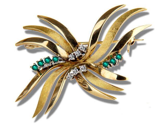 18K Yellow Gold Emerald and Diamond Brooch