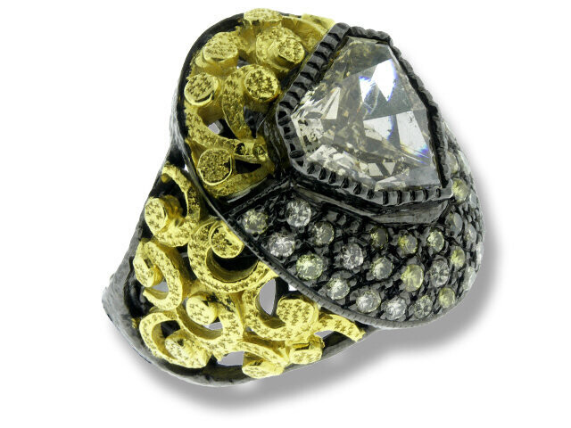 14K YELLOW GOLD & BLK RHODIUM S.S. KITE SHAPED COGNAC DIAMOND