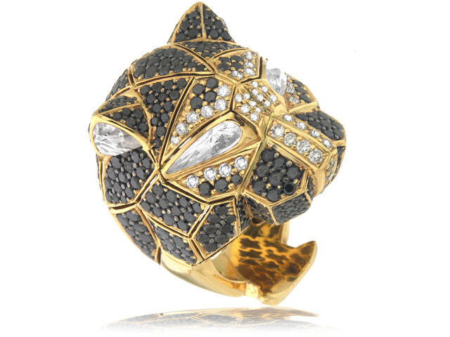 18K ROSE GOLD BLACK DIAMOND, DIAMOND, & QUARTZ TIGER RING