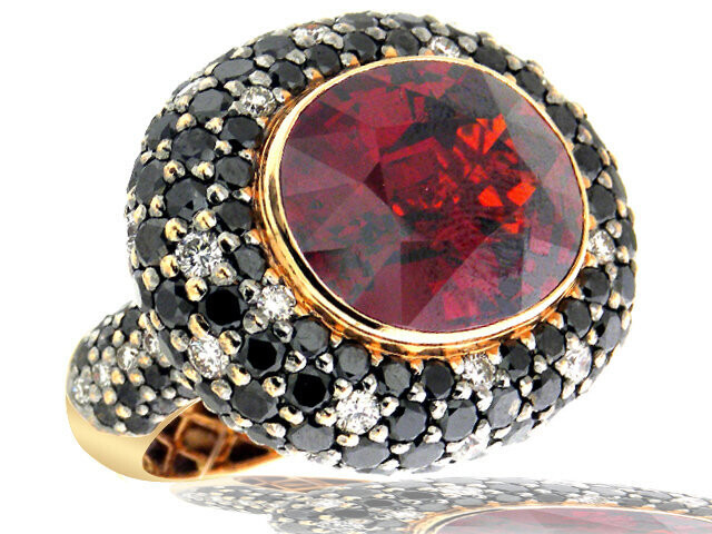 18K ROSE GOLD BLACK DIAMOND, SPESSERTITE GARNET DIAMOND RING