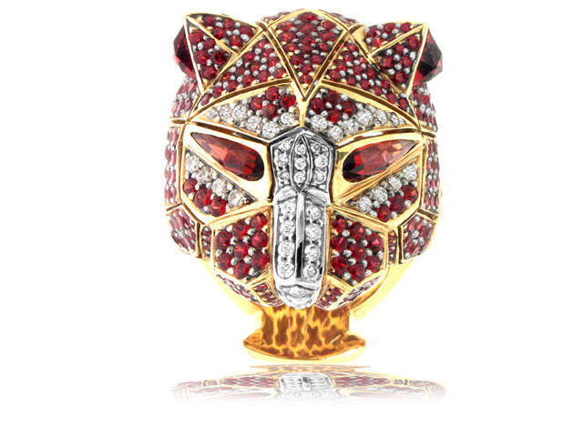 18K ROSE GOLD RED SAPPHIRE, SPESSERTITE, DIAMOND TIGER RING