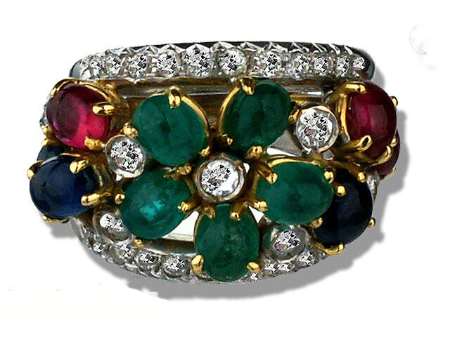 18K WHITE GOLD + YELLOW GOLD TUTI FRUTI, RUBY, BLUE SAPPHIRE, EMERALD