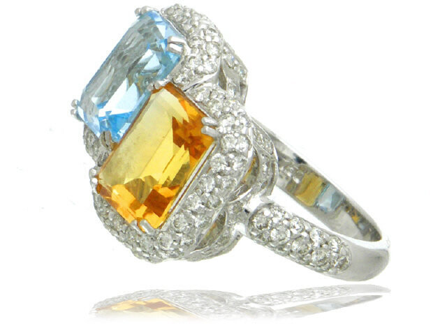 18K WHITE GOLD DIAMOND BLUE TOPAZ CITRINE RING