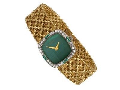 18K Yellow Gold Piaget Diamond and Emerald Watch