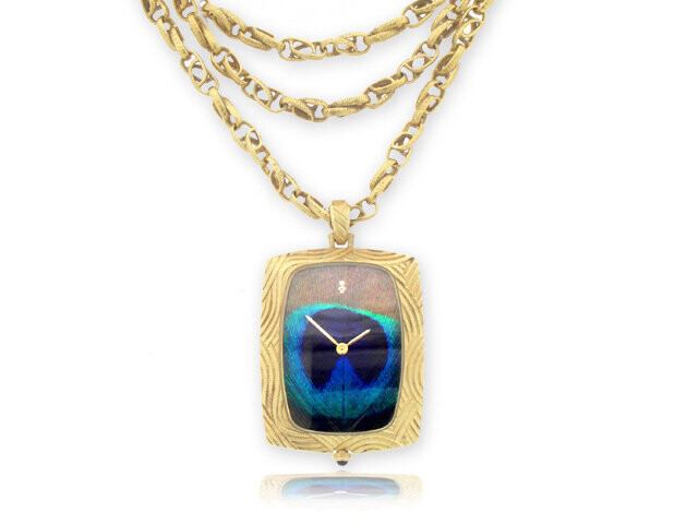 18k yellow gold Corum Peacock Feather watch pendant