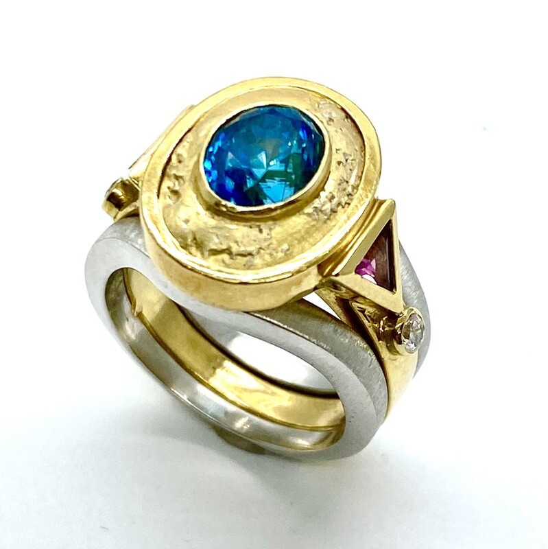 Douglas Zaruba Blue Topaz, Pink Tourmaline and Diamond Ring