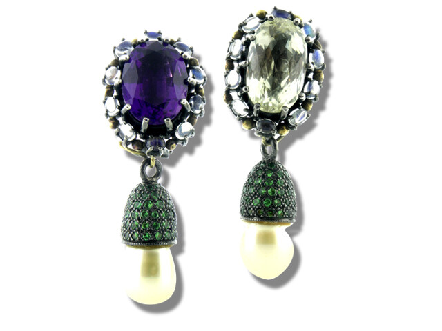 24K Yellow Gold Amethyst Kunzite and Pearl Drop Earrings
