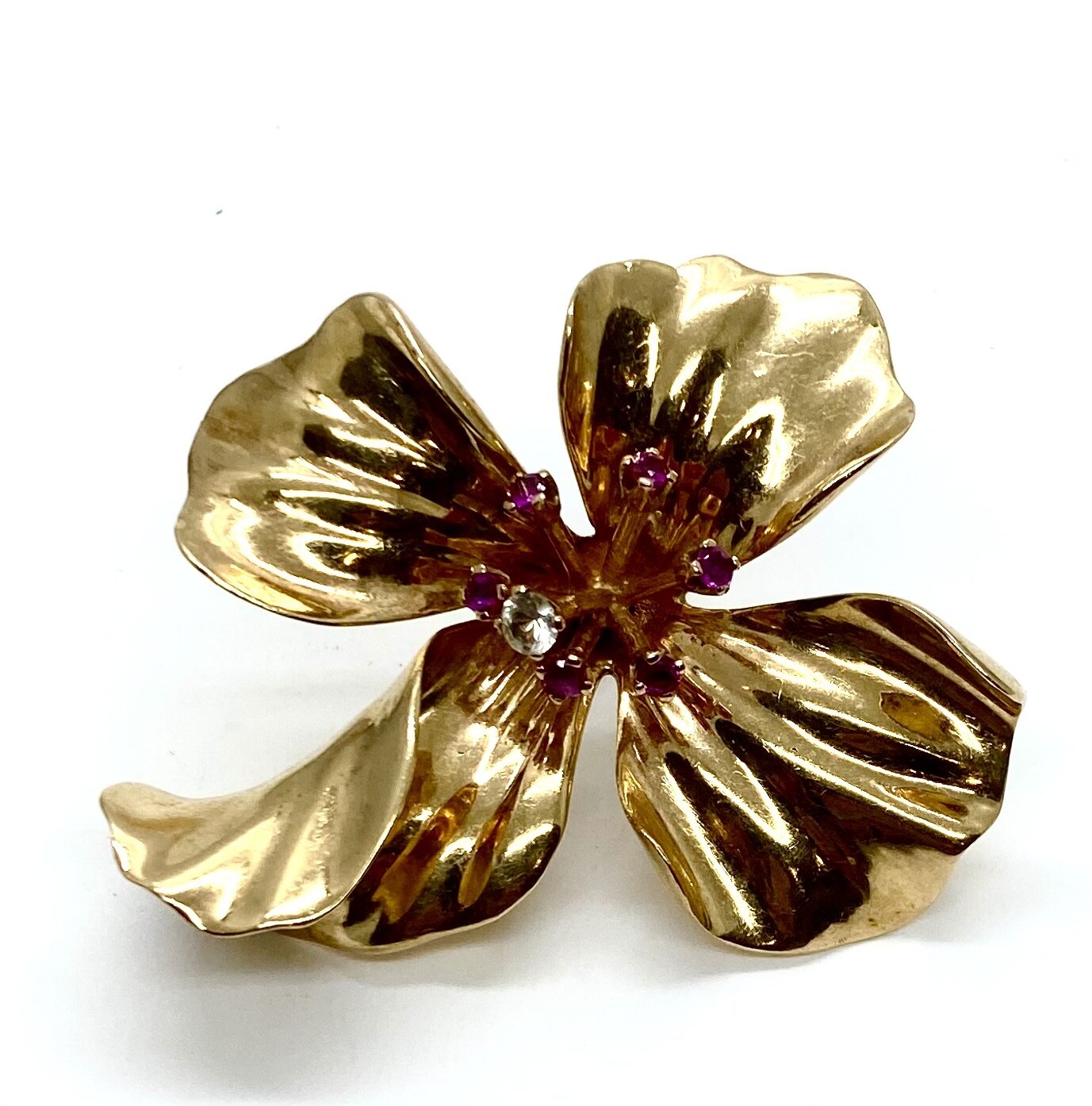 Estate Gold and Ruby Flower Pin and Earrings Set