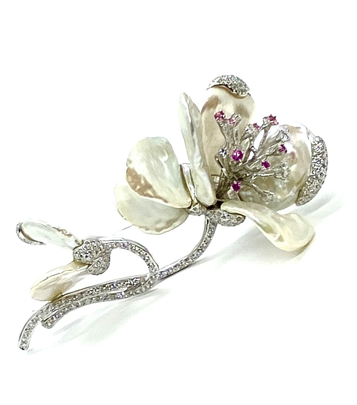 Blister Pearl and Diamond Flower Pin