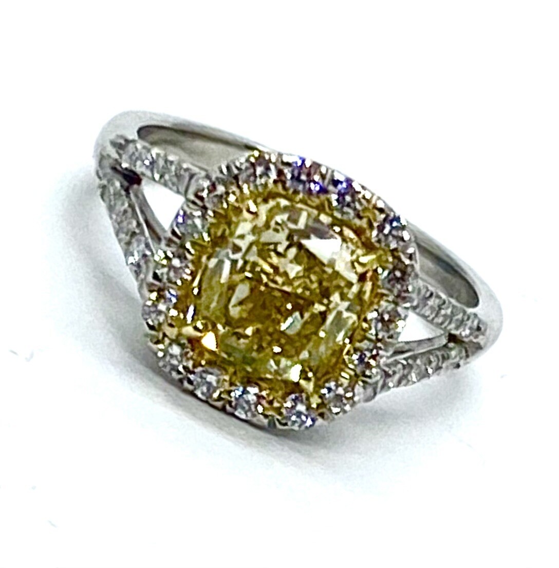 Cushion cut Yellow Diamond Ring