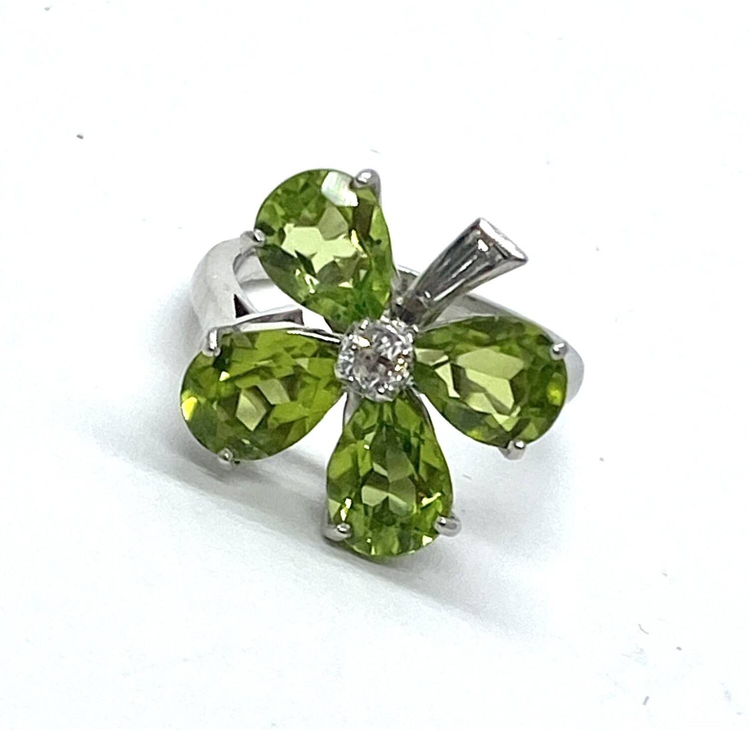 Peridot and Diamond Flower Ring in Platinum