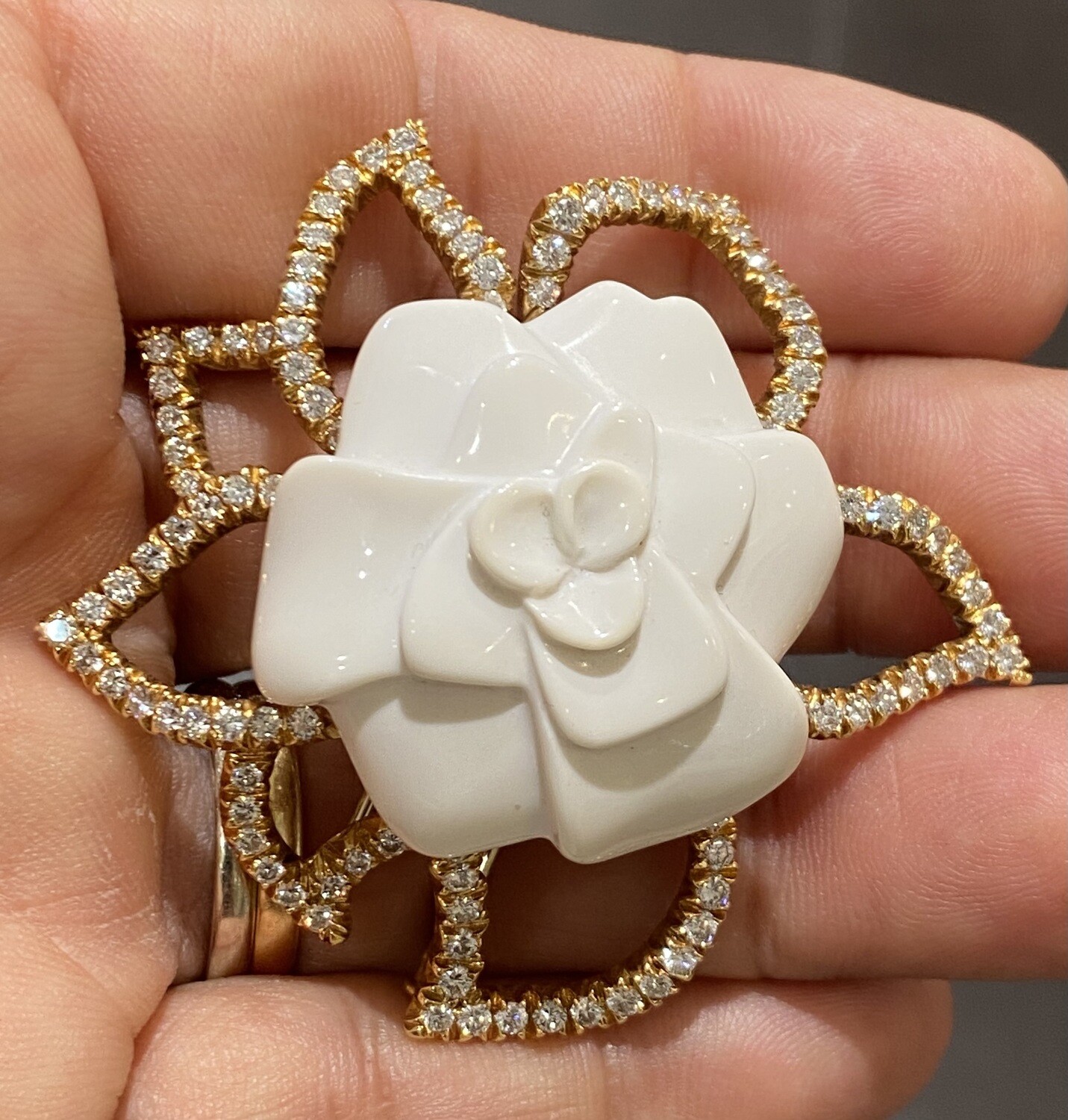 French Chanel Flor De Camilia Ceramic & Diamond Brooch