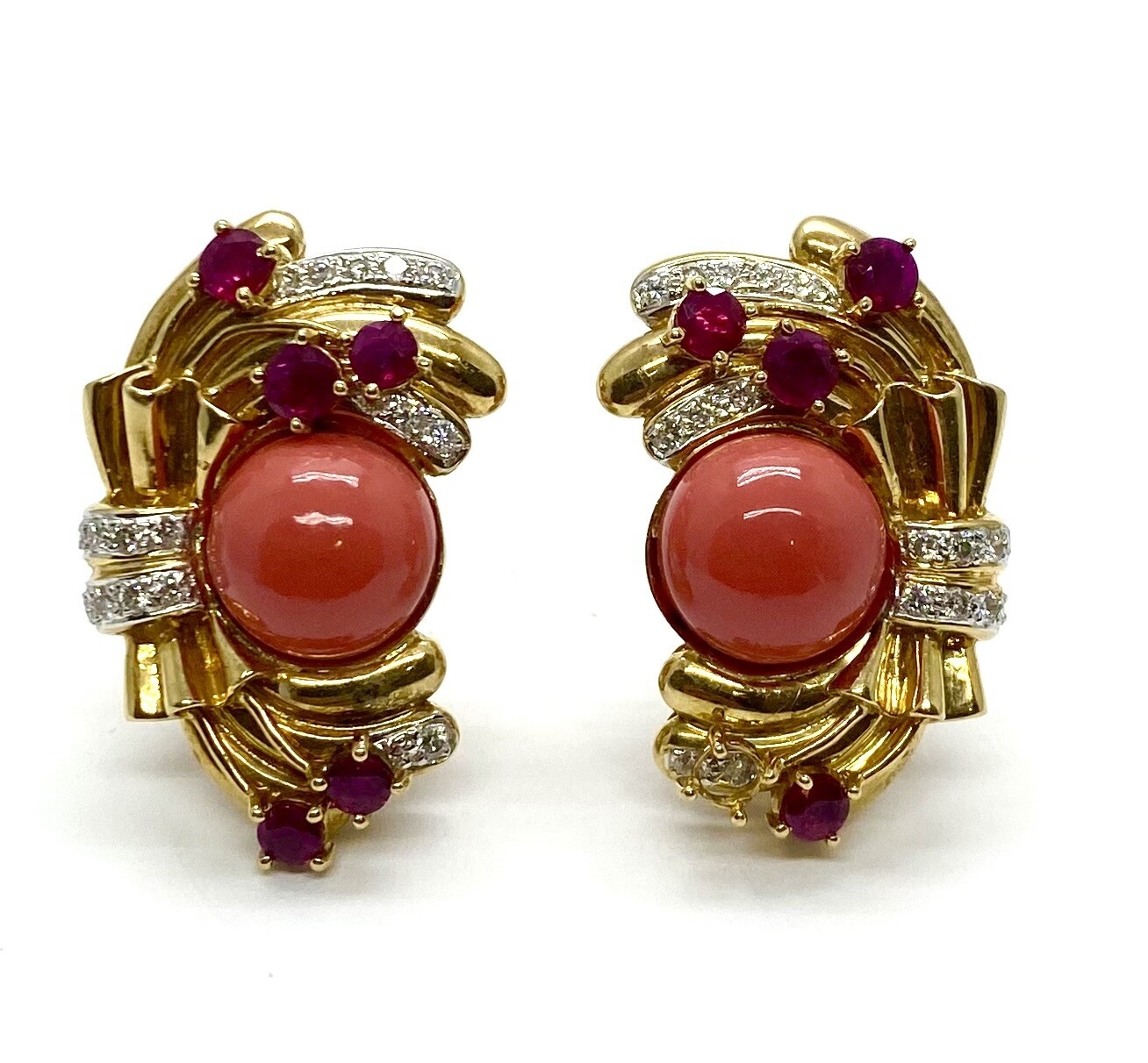 Vintage Yellow Gold Coral Ruby and Diamond Clip Earrings