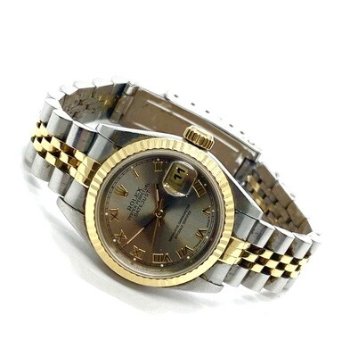 ROLEX Ladies Datejust 26mm Steel Yellow Gold Fluted Bezel Roman Dial Jubilee Bracelet Watch 69173