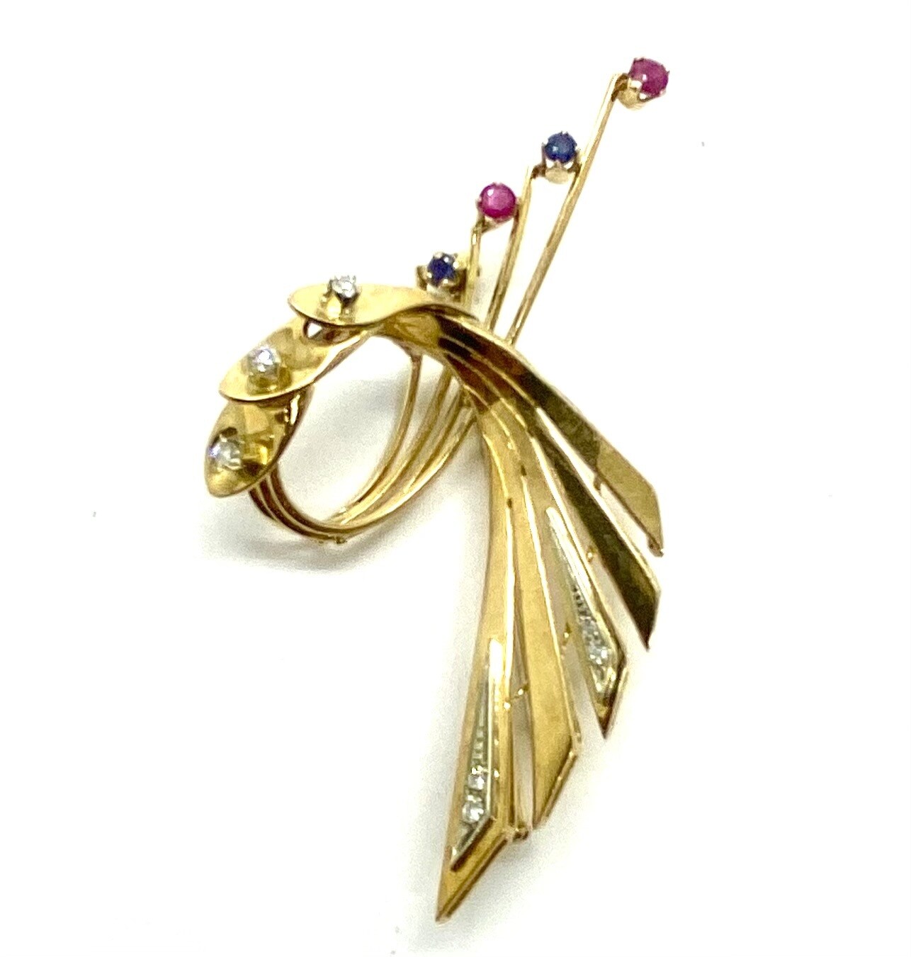 Retro Gold Ruby Sapphire and Diamond Pin Brooch