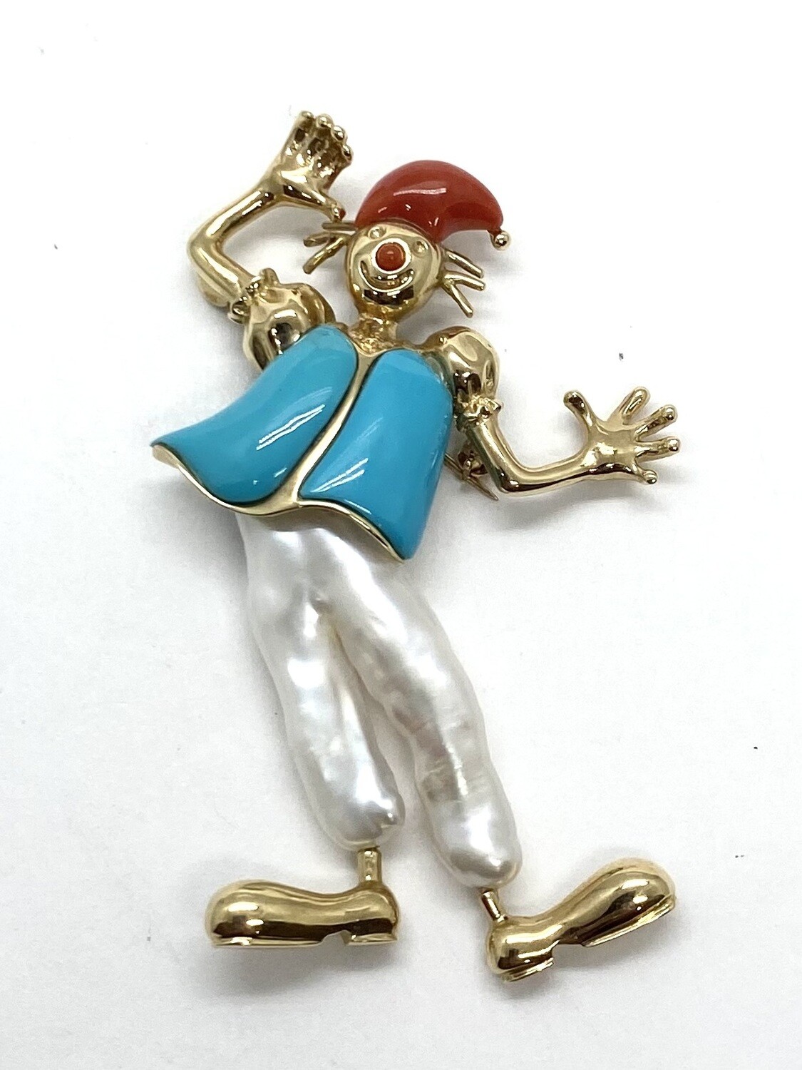 Clown Pin Brooch with Turquoise, Pearl and Coral in Gold