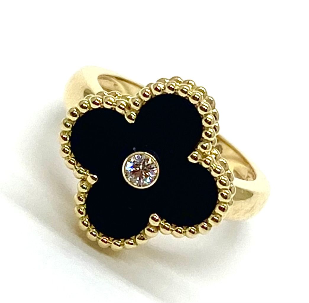 Van Cleef & Arpels Vintage Alhambra Diamond and Black Onyx 18K Yellow Gold Ring Size 50