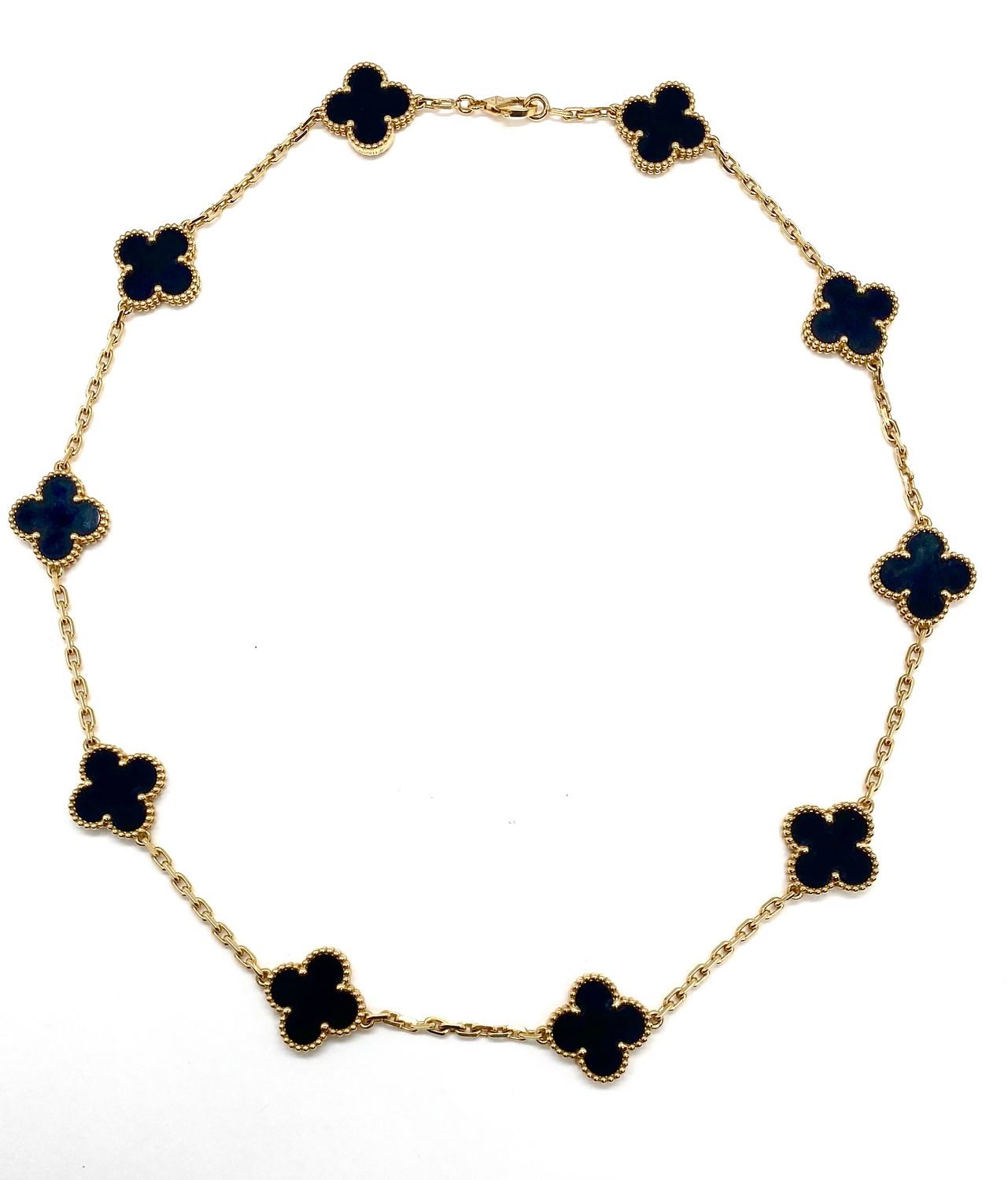 Van Cleef & Arpels Vintage Alhambra Black Onyx  10 Motif Yellow Gold Necklace VCA