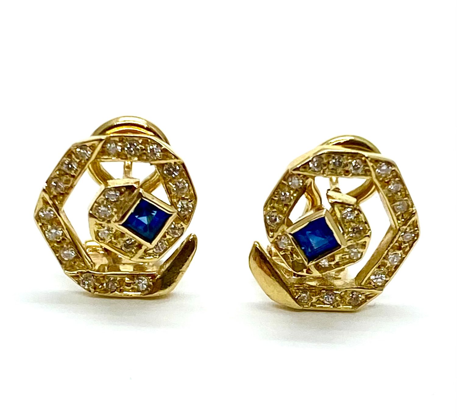 Estate Blue Sapphire and Diamond Earrings in Yellow Gold