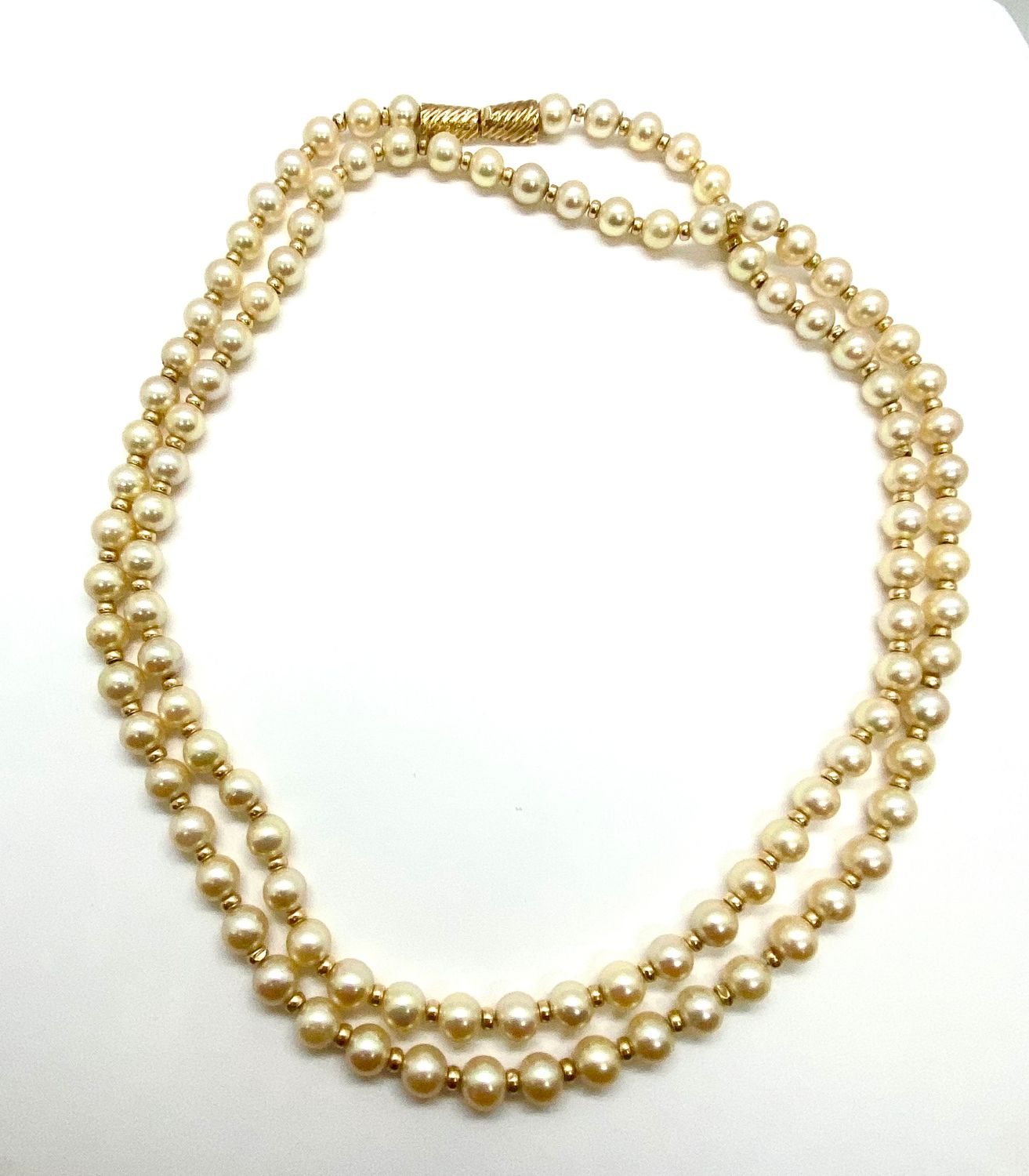 Yellow Gold Pearl and Gold Bead Necklace, 35"