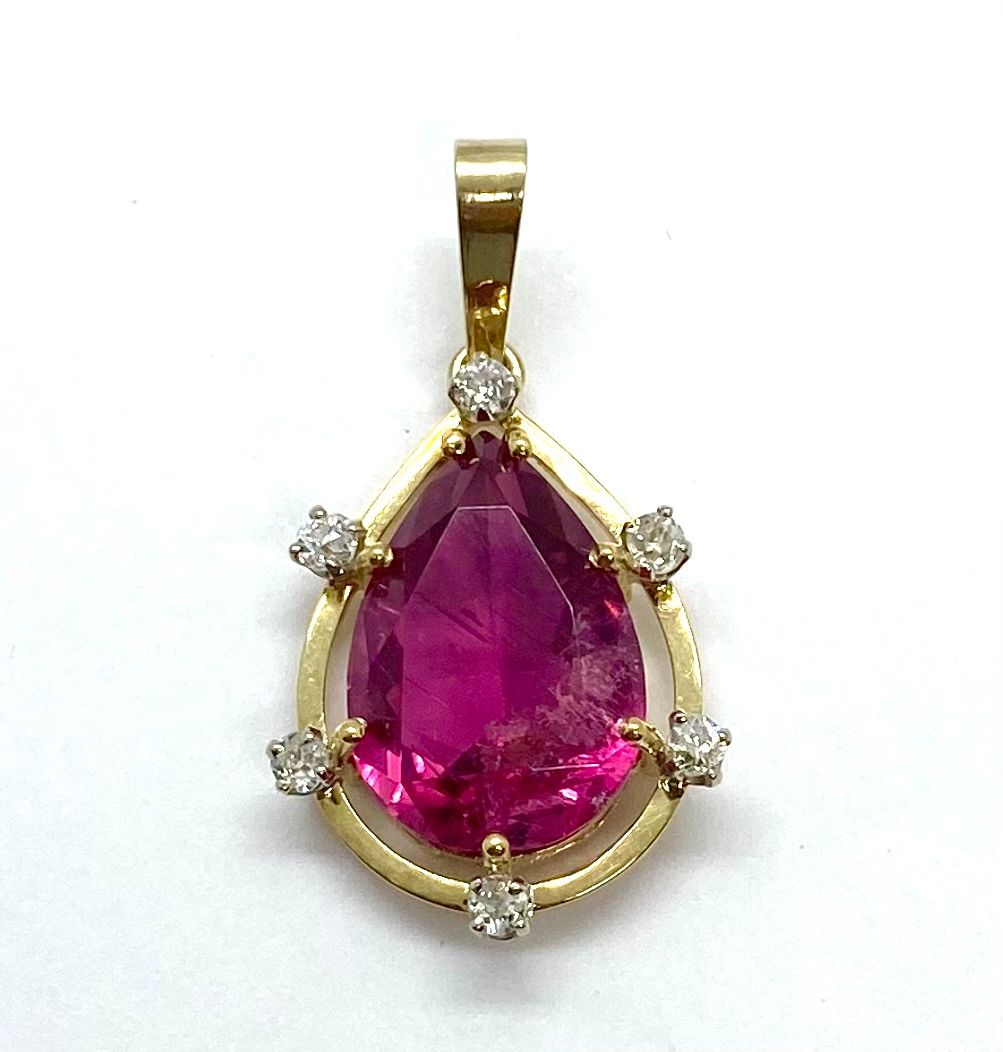 Estate Pink Tourmaline and Diamond Pendant in Yellow Gold