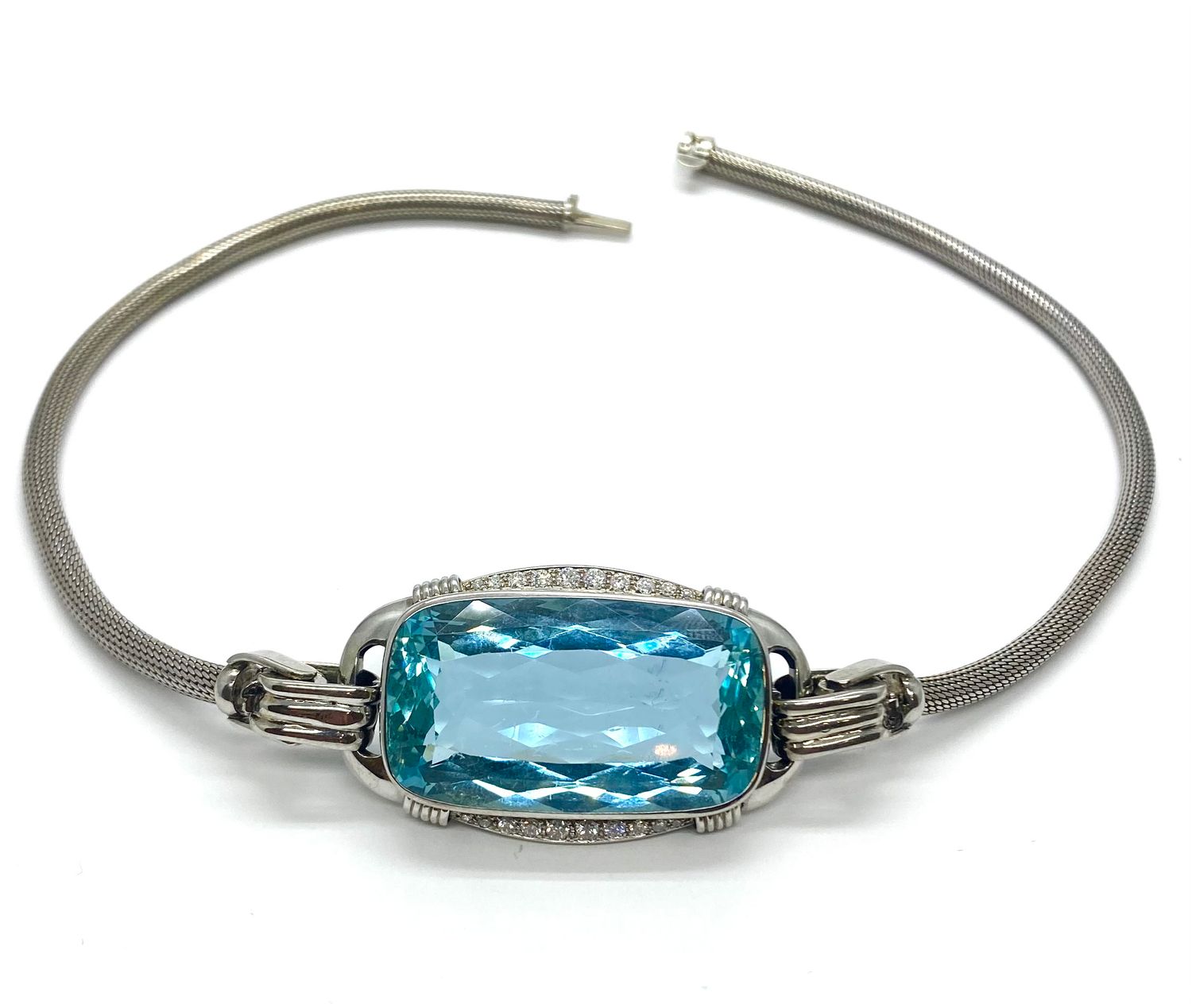 Mid Century Aquamarine and Diamond Choker in Gold
