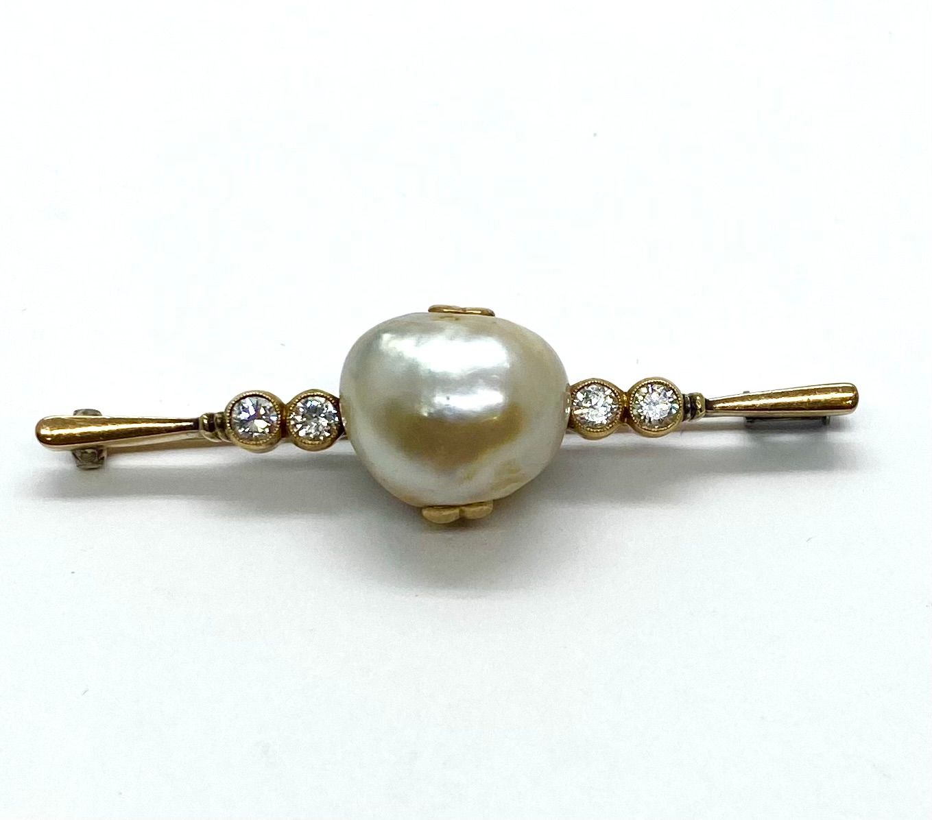Estate Pearl and Diamond Bar Pin in Yellow Gold