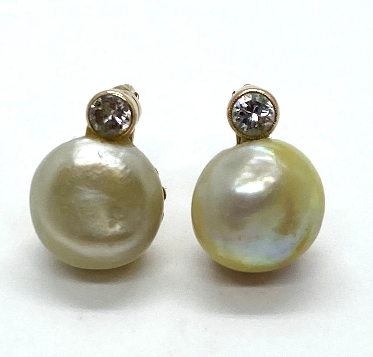 Estate Pearl and Diamond Earrings in 14K Yellow Gold