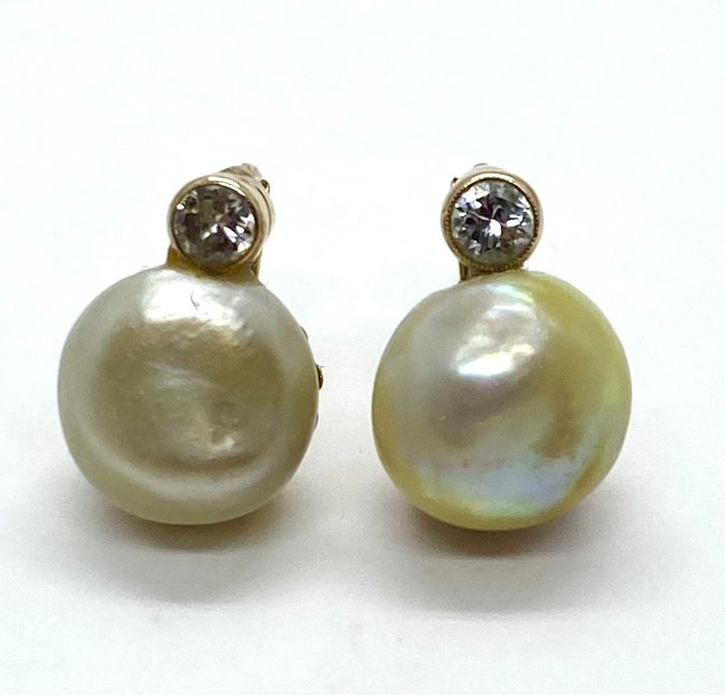 Estate Pearl and Diamond Earrings in 14K Yellow Gold