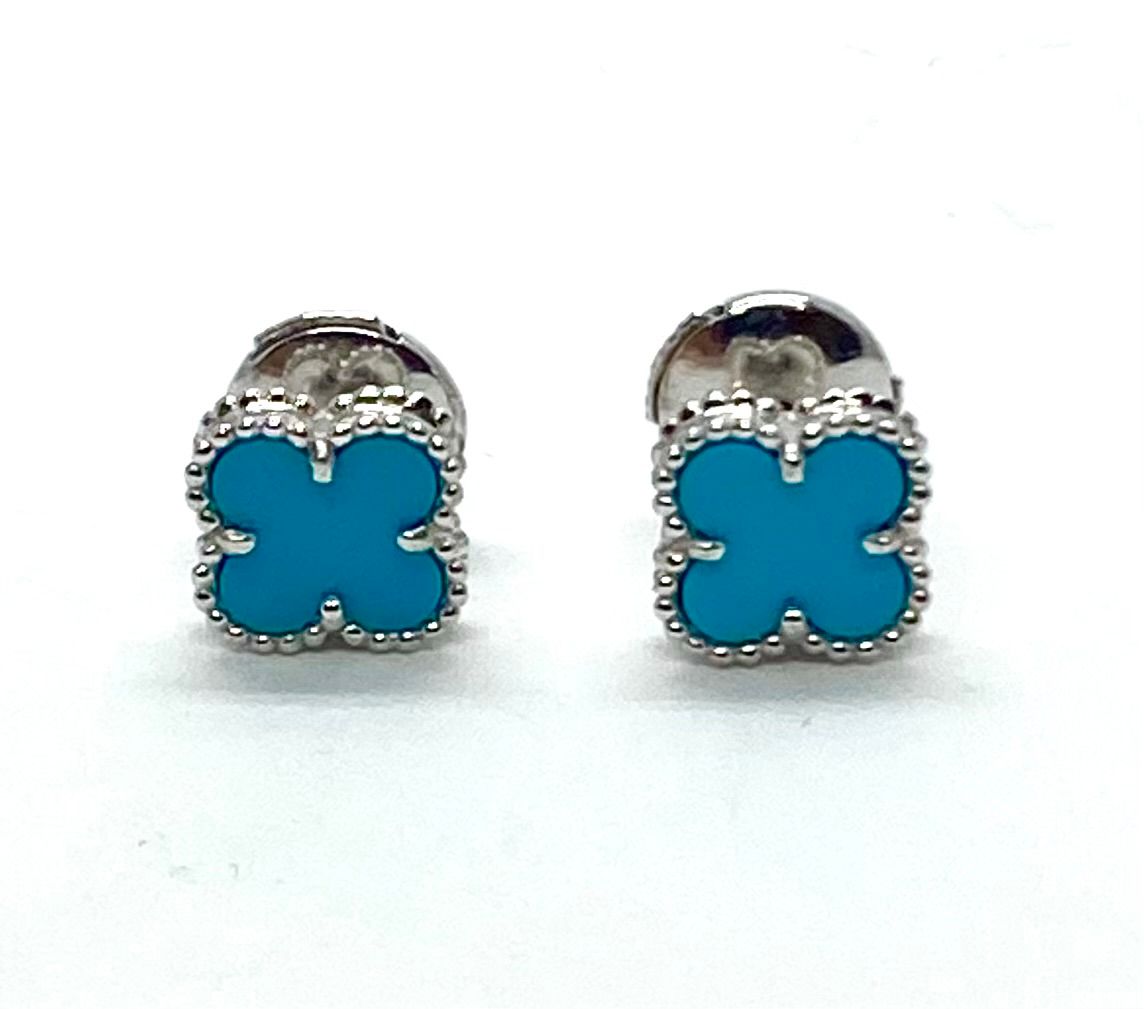 VCA Sweet Alhambra Earrings in 18K White Gold with Turquoise