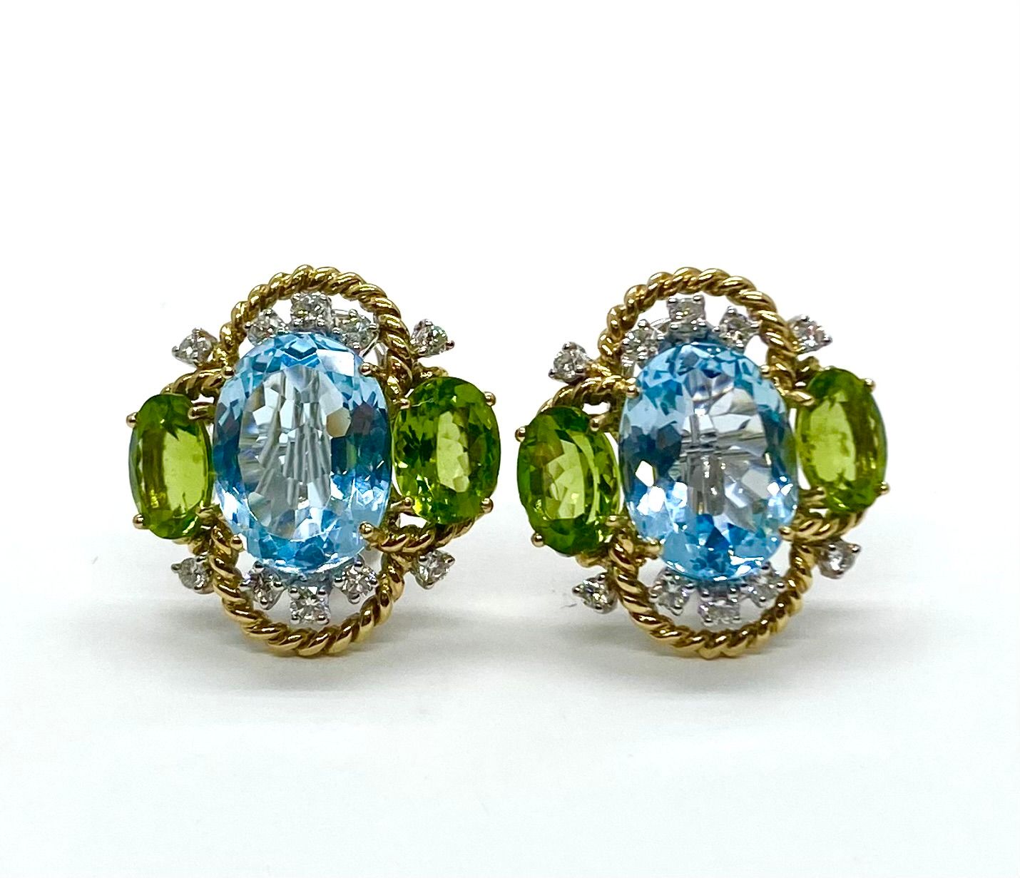 Blue Topaz Peridot and Diamond Earrings